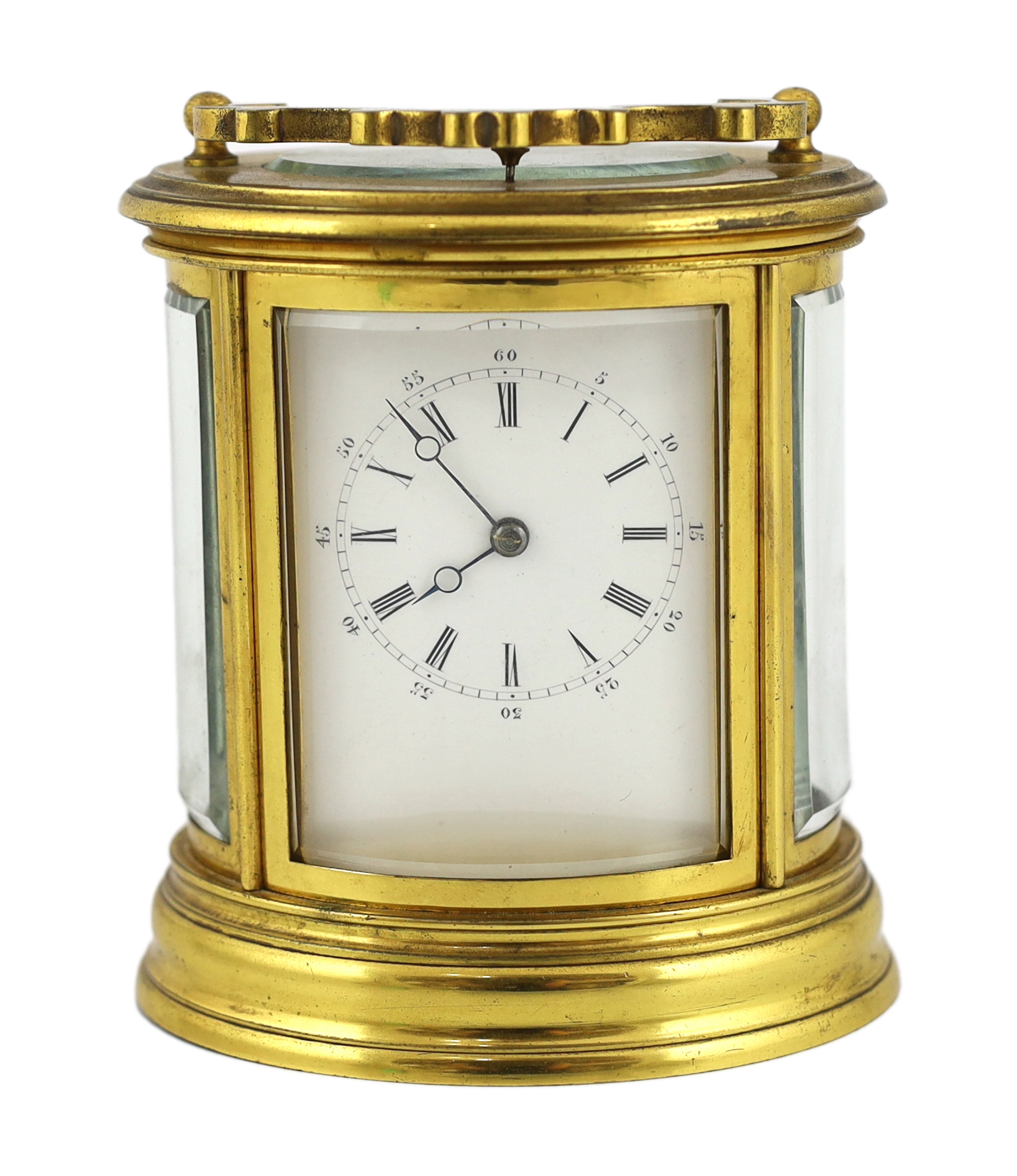 A late 19th century French brass oval cased eight day hour repeating carriage clock, by Henri Marc, 13.5cm high, Please note this lot attracts an additional import tax of 5% on the hammer price